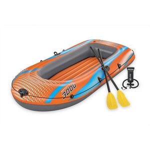 Barca gonflabila Bestway, fabricata din PVC, 3 camere de aer, doi adulti si un copil, 2 vasle din plastic, sarcina maxima 200 kg, pompa cu piston inclusa, 246 x 122 cm