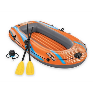 Barca gonflabila Bestway, un adult si un copil, 2 vasle din plastic, sarcina maxima 120 kg, pompa cu piston inclusa, 196 x 106 cm
