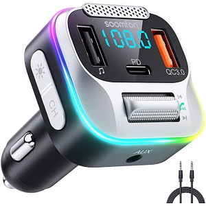 Modulator FM cu Bluetooth 5.0 cu amplificare bass, microfon HD, functie incarcator auto cu incarcare rapida QC 3.0 18W si PD 20W, cu USB si lumina LED in 7 culori interschimbabile