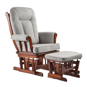 Scaun balansoar, cu suport pentru picioare, tapitat, lemn masiv de cauciuc, cu perne incluse, confortabil, living, design modern, 71x81x104 cm, culoare nuc, gri