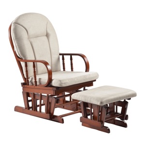 Scaun balansoar, cu suport pentru picioare, tapitat, din lemn masiv cu cauciuc, cu perne incluse, confortabil, living, design modern, 56x78x99 cm, culoare nuc, bej