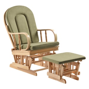 Fotoliu balansoar, cu suport de picioare, cu perne incluse, design modern, tapitat, din lemn masiv de cauciuc, living, 65x56x92 cm, culoare verde, maro