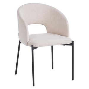 Scaun de sufragerie, tapiterie bej, picioare din metal, negre, cu decupaj modern, sezut moale, de design, ideal pentru living, bucatarie, alte spatii, 51x57x77 cm