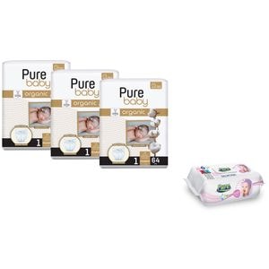 Set 3 pachete Pure Baby Nr. 1, scutece 192 buc, cu 1 pachet servetele umede copii Pure, 120buc