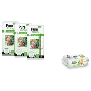 Set 3 pachete Pure Baby Organic Bamboo Nr. 6, scutece chilotel 96 buc, cu 1 pachet servetele umede copii Pure, 120buc