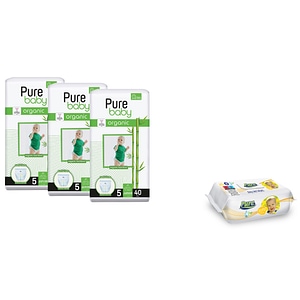 Set 3 pachete Pure Baby Organic Bamboo Nr. 5, scutece chilotel 120buc, cu 1 pachet servetele umede copii Pure, 120buc