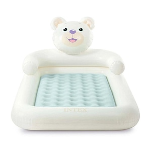 Saltea gonflabila pentru copii Intex, confectionata din PVC si velur, cadru din fibre ultradurabile, in forma de ursulet, pompa de mana
