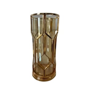Vaza decorativa pentru flori sau lumanari din sticla chihlimbar, suport metalic auriu, 12x12x28cm, Malia