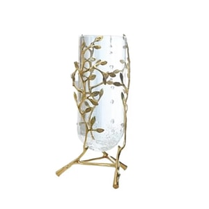 Vaza decorativa pentru flori din sticla, suport metalic auriu motiv floral, 11x11x25cm, Orient