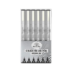 Set 6 pixuri profesionale Fineliner Art-n-Fly, cerneala neagra pe baza de pigmenti, scriere neteda si uscare rapida, impermeabile, varf rotund 0, 05-0, 8 mm