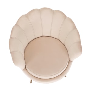 Fotoliu in stil Art-Deco, tapiterie eleganta din catifea bej, sezut moale, picioare rezistente din metal, culoare auriu, in forma de scoica, design modern, 77x77x76 cm