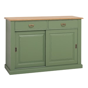 Bufet cu blat stejar, culoare blat maro deschis P002, culoare exterior verde antichizat P038A, culoare interior maro deschis P002, dublu color, 100% lemn masiv, 135x91x48 cm