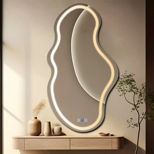 Oglinda LED Reyze Gama Salono Model LED 1, 105x190 cm Asimetrica 2, LED 3000K-6000K Dual, 3 Butoane Touch, Functie dezaburire 30-40, Temperatura LED Ajustabila