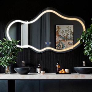 Oglinda LED Reyze Gama Salono Model LED 1, 200x111 cm Asimetrica 3, LED 3000K-6000K Dual, 3 Butoane Touch, Functie dezaburire 30-40, Temperatura LED Ajustabila