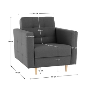 Fotoliu complet tapitat, moale, confortabil, incapator, gri inchis, picioare din lemn, structura din lemn, living, dormitor, 88x90x95 cm