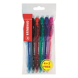 Pix cu mecanism Stabilo, Liner 308 M, Varf 0.45 mm, 6 culori/blister, Albastru/Negru/Rosu/Verde/Violet/Roz