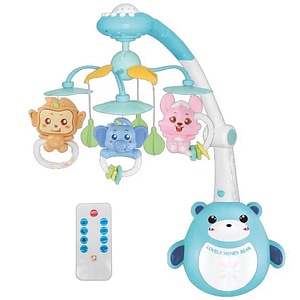 Carusel muzical patut bebelusi KidprotectDream World, proiectie stelute, 70 de cantece de adormit, 39 de melodii, sunete albe din natura, 3 tipuri proiectie, telecomanda, albastru