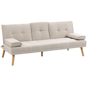 Canapea extensibila cu 3 locuri in stil scandinav cu 2 cotiere detasabile si tapiterie cu efect de lenjerie si masuta de cafea cu foite HomCom, 181x77x72cm, Lemn/Metal, Bej