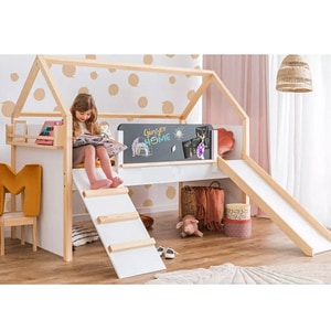 Pat pentru copii Ginger Home, Montessori, Cu tobogan, tabla, Cadru saltea 200x90 cm