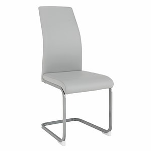 Scaun dining, tapiterie eleganta din piele ecologica de culoare gri deschis, sezut moale, picioare din metal cromat, rezistente, living, bucatarie, 42x56x99 cm