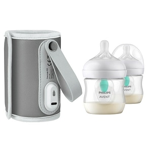 Set incalzitor biberoane Lionelo ThermUp Go, portabil, USB, Gri + 2x biberoane, Philips Avent, Cu supapa AirFree, 0 luni+, 125 ml, Alb