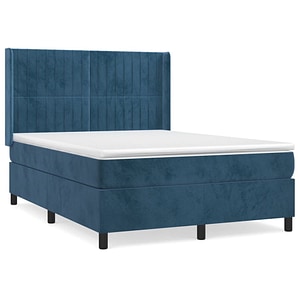 Pat box spring vidaXL cu saltea, albastru inchis, 140x190 cm, catifea, paturi continentale, pat cu arcuri