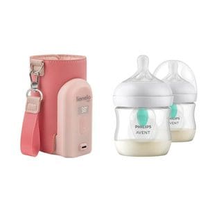Set incalzitor biberoane Lionelo ThermUp Go Evo, USB, 5 trepte incalzire, Roz + 2x biberoane, Philips Avent, Cu supapa AirFree, 0 luni+, 125 ml, Alb