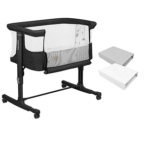 Set patut co-sleeper Lionelo Aurora, cu leganare si setare unghiulara, 3 in 1, 85x60x66 cm, Gri inchis+ 2 cearceafuri cu elastic, Qmini, din bumbac certificat Oeko Tex, Alb & Gri