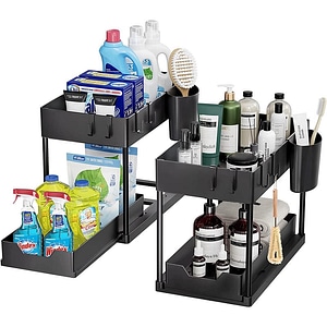 Set 2 Organizatoare cu Sertar Glisant pentru Dulap - 2 Niveluri, Greutate maxima 15 kg,  Ideal pentru Baie, Bucatarie sau Camara, Design Compact si Rezistent, Negru