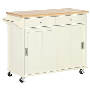 Insula de bucatarie cu sertare dulap si suport prosoape pe 4 roti HomCom, 110x49.5x89.5cm, Lemn si MDF, Alb cremos