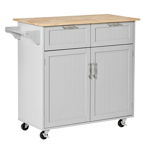 Insula de bucatarie cu blat de Lucru roti 2 sertare HomCom, 104x46x91 cm, MDF, Gri