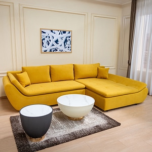 Coltar Extensibil Relax Vega 13 Dreapta, 305 x 135 x 87 cm, cu Lada de Depozitare, Mustar