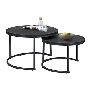 Set 2 masute cafea rotunde, marimi diferite, metal si PAL, negru, 47x74 cm si 39x59 cm