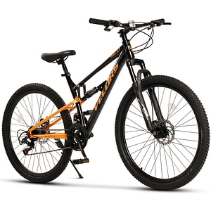 Bicicleta MTB de munte Velors Trail JSX27271, schimbator Shimano, suspensie fata/spate Genius, roata 27.5 inch, franare pe disc, 21 viteze, negru cu portocaliu