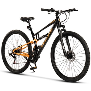 Bicicleta MTB de munte Velors Trail JSX29271, schimbator Shimano, suspensie fata/spate Genius, roata 29 inch, franare pe disc, 21 viteze, negru cu portocaliu