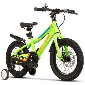 Bicicleta MTB de drum pentru copii 4-6 ani Velors Drex JSX16345, cadru din otel, roata 16 inch, frana pe disc fata/spate, single speed, roti ajutatoare, verde cu portocaliu