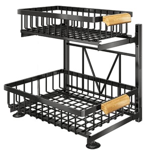 Organizator Bucatarie-Baie, Raft Metalic 2 Nivele cu Cosuri Culisante, Negru