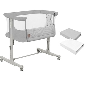 Set patut co-sleeper Lionelo, Aurora, leganare si setare unghiulara, 3 in 1, gri deschis + 2 cearceafuri cu elastic Qmini, bumbac certificat Oeko Tex, alb & gri