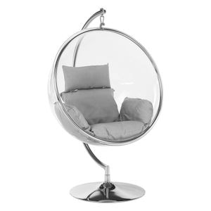 Scaun suspendabil cu suport DacEnergy, design unic si extravagant, otelul inoxidabil si detalii practice, design transparent cu cadru argintiu