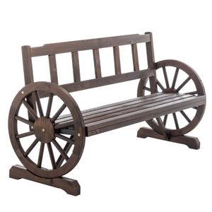 Banca de gradina DacEnergy, fabricat din lemn de pin, stil rustic, cotiere sub forma de roata, sarcina maxima 260 kg, 142 x 56 x 76 cm, maro