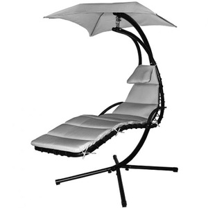 Balansoar tip Sezlong cu Umbrela, Saltea si Perinita Confortabile, Cadru Metalic, Culoare Negru/Gri