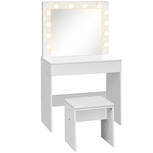 Masa de machiaj cu scaun tapitat oglinda cu 12 LED sertar mare HomCom, 80x40x140cm, MDF, Alb