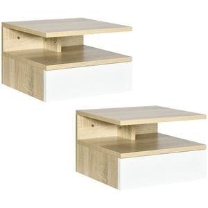 Set de 2 noptiere suspendate cu sertar si polita superioara HomCom, 35x32x22.5 cm, PAL, Lemn natural