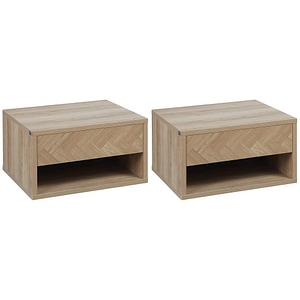 Set de noptiere suspendate de 2 noptiere de perete cu sertar de depozitare si raft deschis pentru dormitor HomCom, 37 x 32 x 21 cm, PAL, Natur