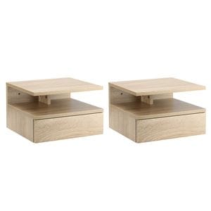 Set de 2 noptiere moderne suspendate pentru dormitor cu sertar si blat HomCom, 35x32x22.5cm, PAL, Stejar
