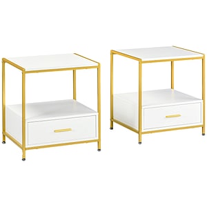 Set de 2 masute noptiere moderne cu sertar raft organizatoare de depozitare pentru dormitor camera de zi HomCom, 50 x 40 x 55cm, PAL, Alb