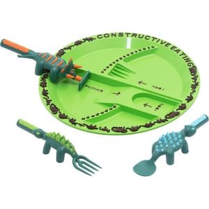  Set de masa si tacamuri pentru copii Elindor, farfurie 5 compartimente, furculita si lingurita, set hranire 4 piese, vesela mic dejun, pranz, cina, Dinozauri 