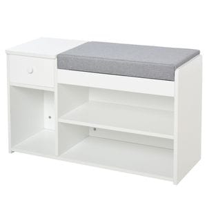 Banca pantofar cu perna sertar si 3 compartimente deschise HomCom, 81x31.5x49cm, PAL, Alb