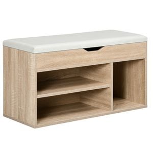 Banca pentru pantofi cu 3 compartimente HomCom, 80x30x43 cm, Piele PU, Lemn natural
