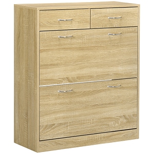 Pantofar pentru hol cu 2 rafturi interioare reglabile si 2 sertare max 12 perechi de pantofi HomCom, 80x30x91.5cm, PAL, Stejar